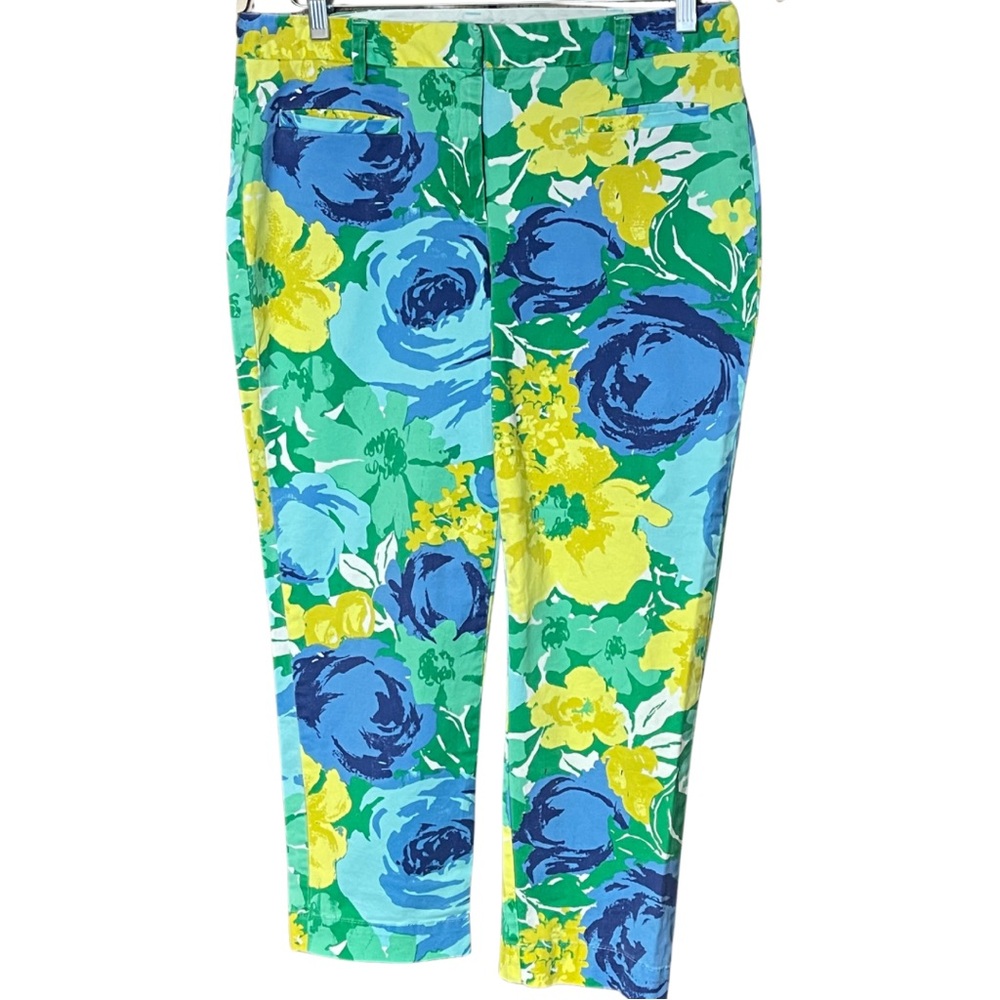 Land’s End cropped floral pants pockets white blue green classic casual size 10